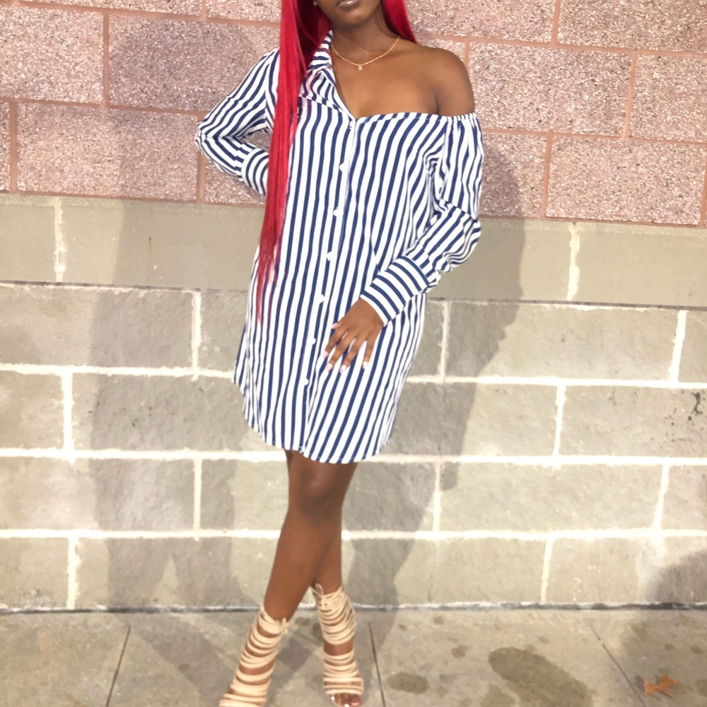 Stripe off the shoulder shirt dress